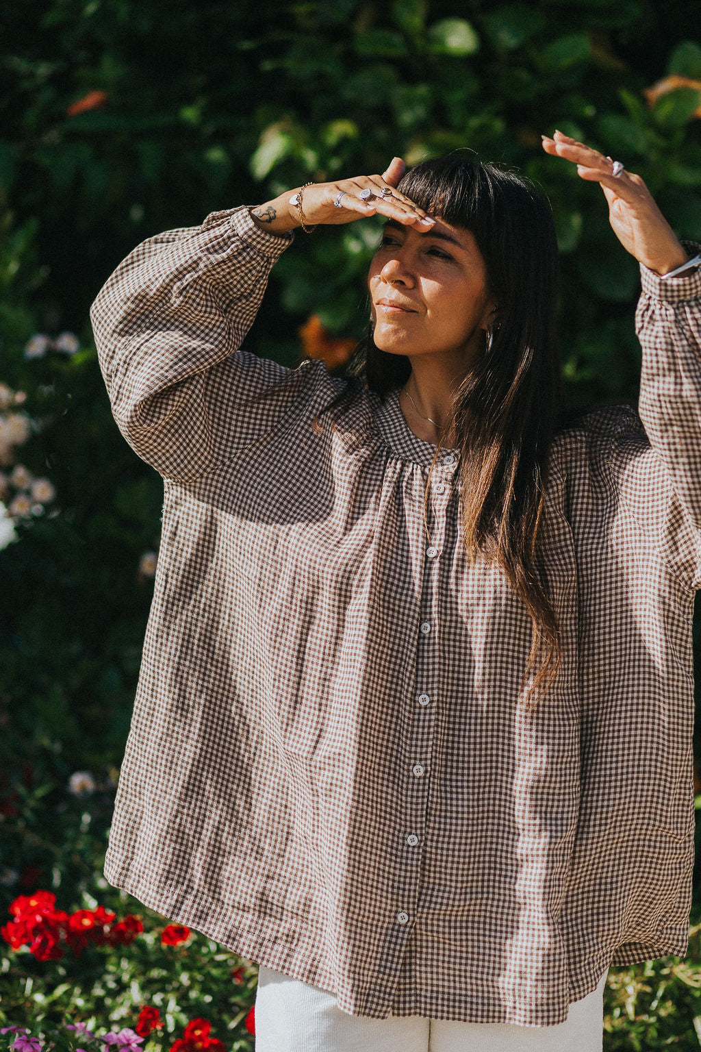 Montaigne Carmen Button Through Long Sleeve Top In Tiny Brown Gingham14