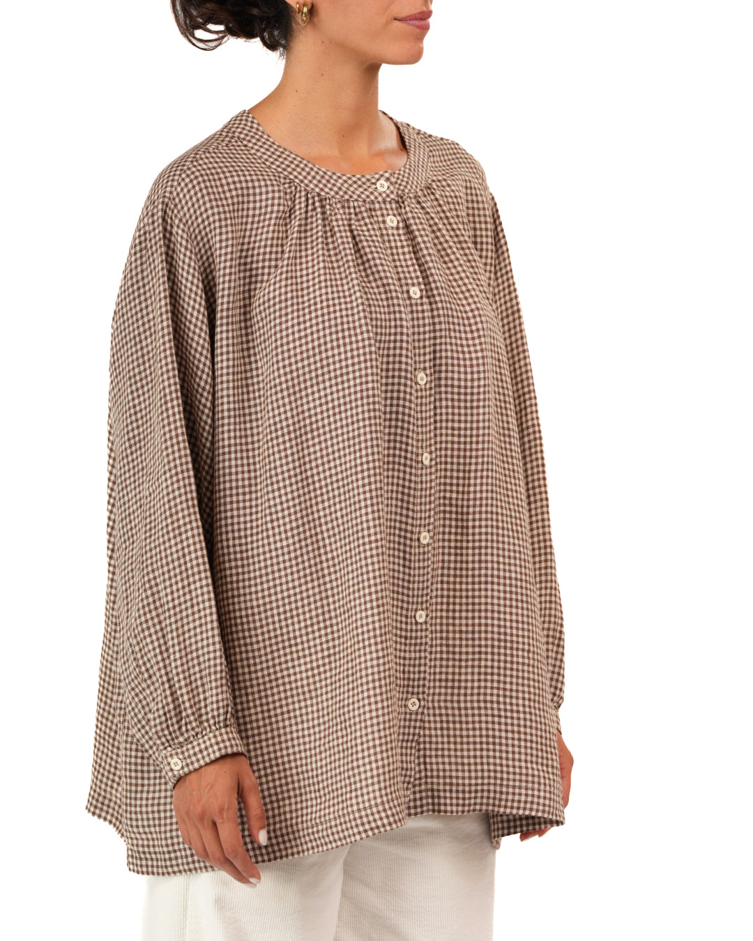Montaigne Carmen Button Through Long Sleeve Top In Tiny Brown Gingham3
