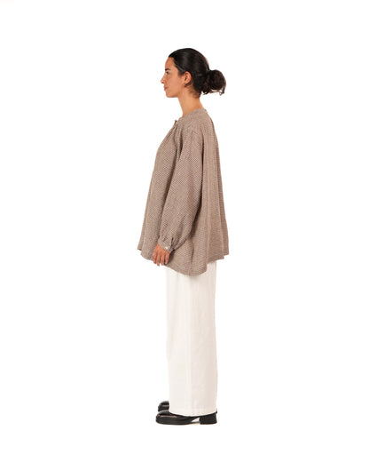 Montaigne Carmen Button Through Long Sleeve Top In Tiny Brown Gingham5
