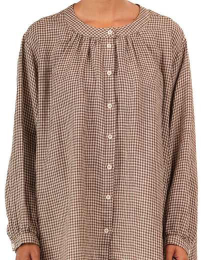 Montaigne Carmen Button Through Long Sleeve Top In Tiny Brown Gingham6