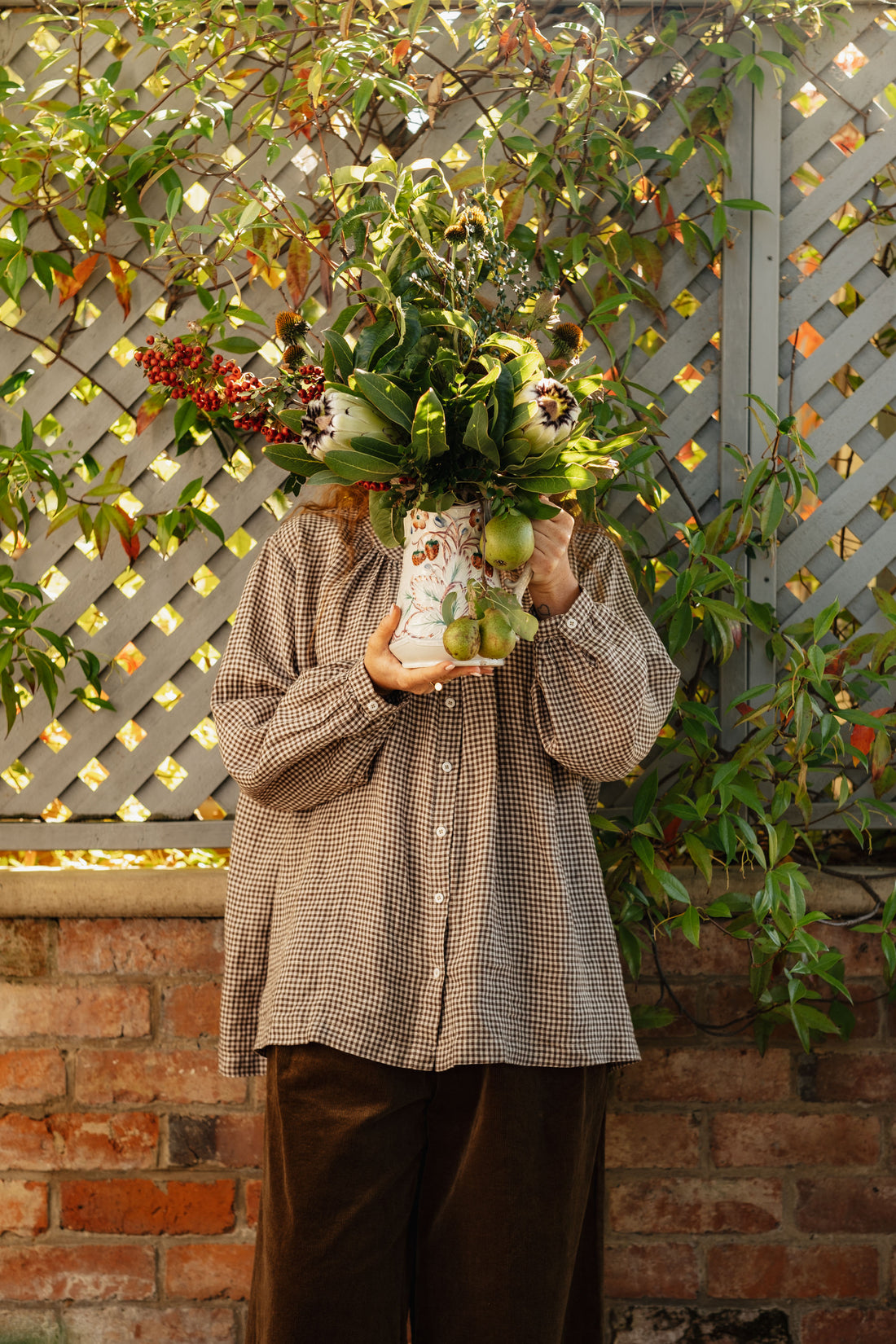 Montaigne Carmen Button Through Long Sleeve Top In Tiny Brown Gingham8