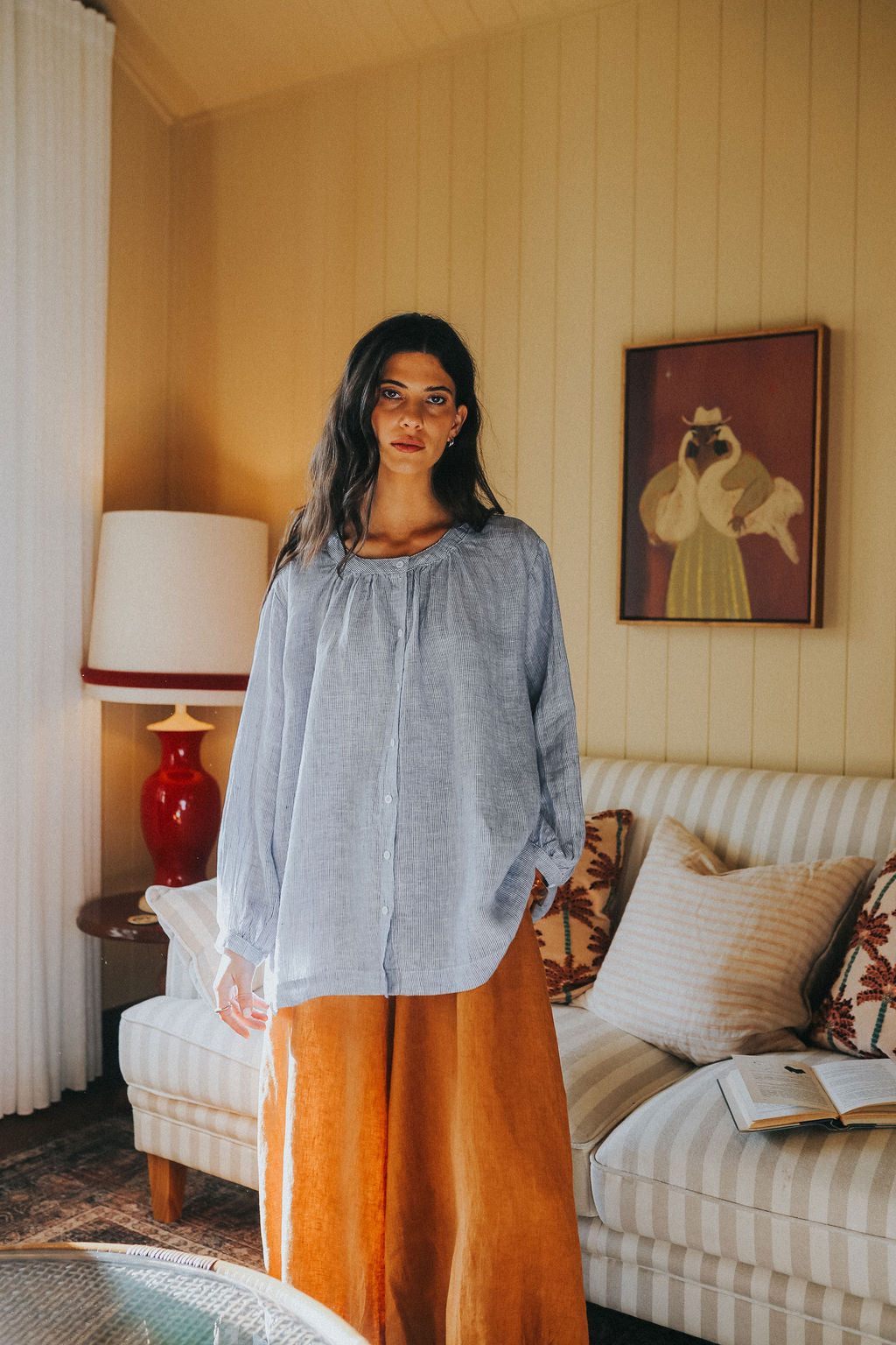 Montaigne Carmen Linen Top In Fine Blue Stripe