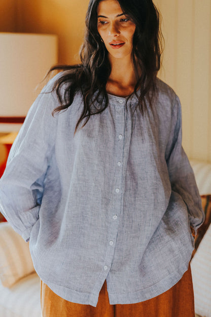 Montaigne Carmen Linen Top In Fine Blue Stripe1