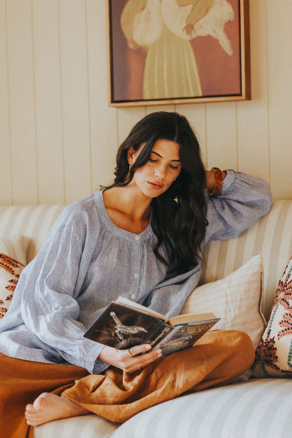 Montaigne Carmen Linen Top In Fine Blue Stripe2