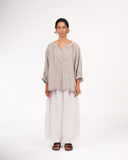 Montaigne Carmen Linen Top in Fine Houndstooth Grey