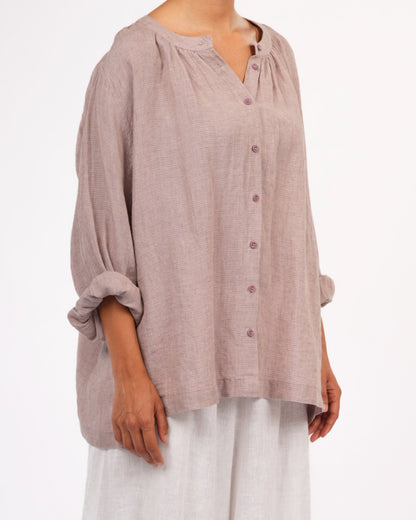 Montaigne Carmen Linen Top in Fine Houndstooth Lilac1