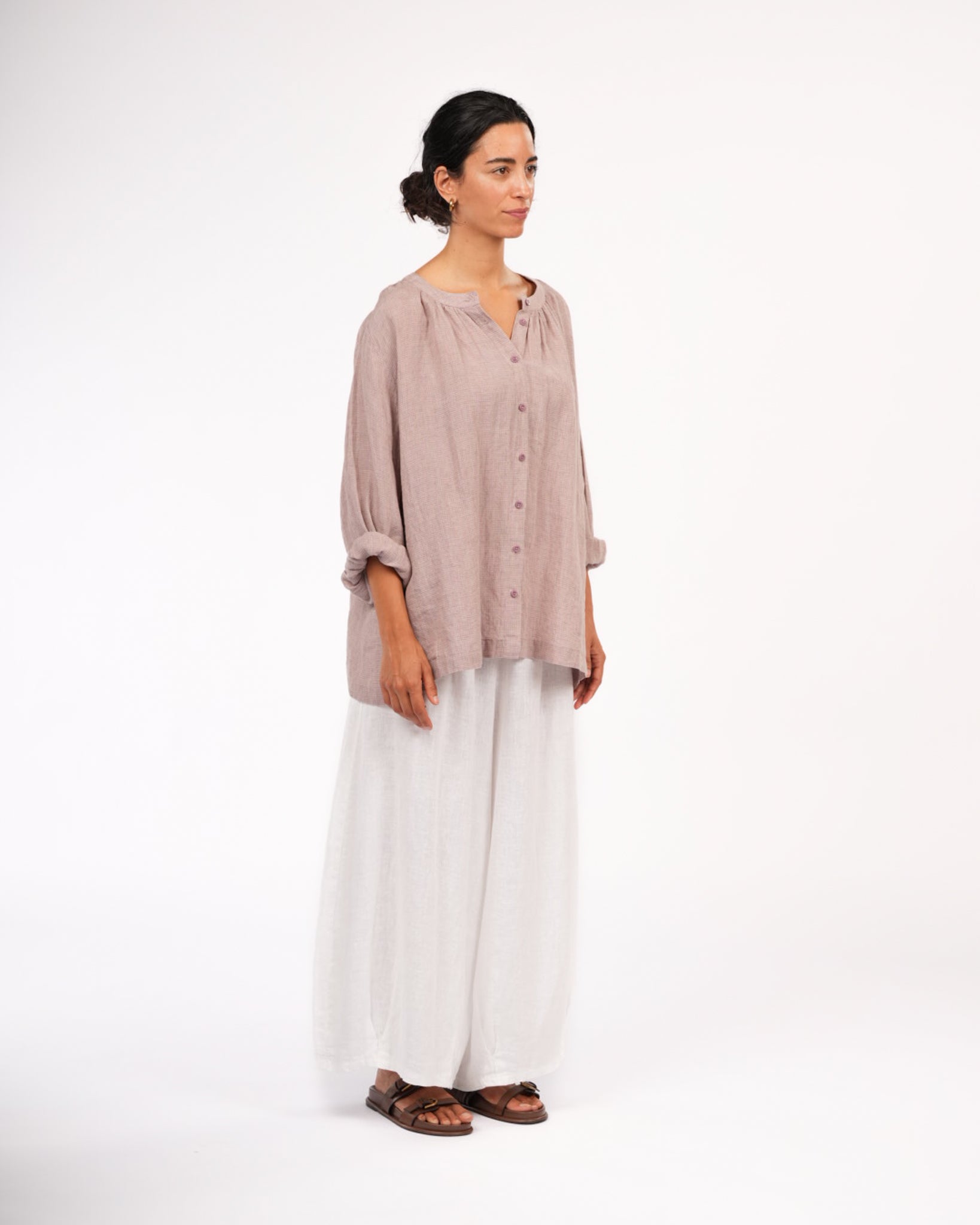 Montaigne Carmen Linen Top in Fine Houndstooth Lilac3