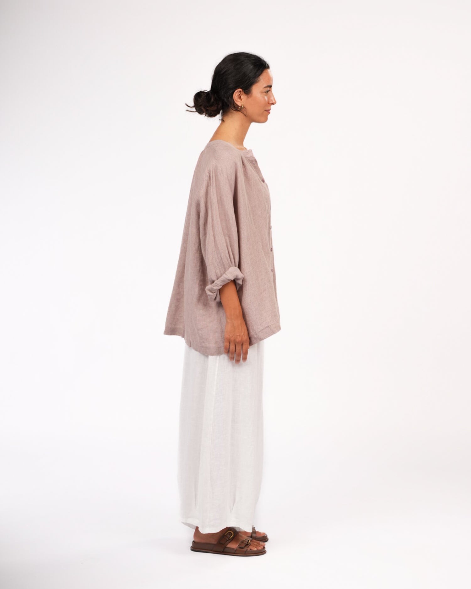 Montaigne Carmen Linen Top in Fine Houndstooth Lilac4