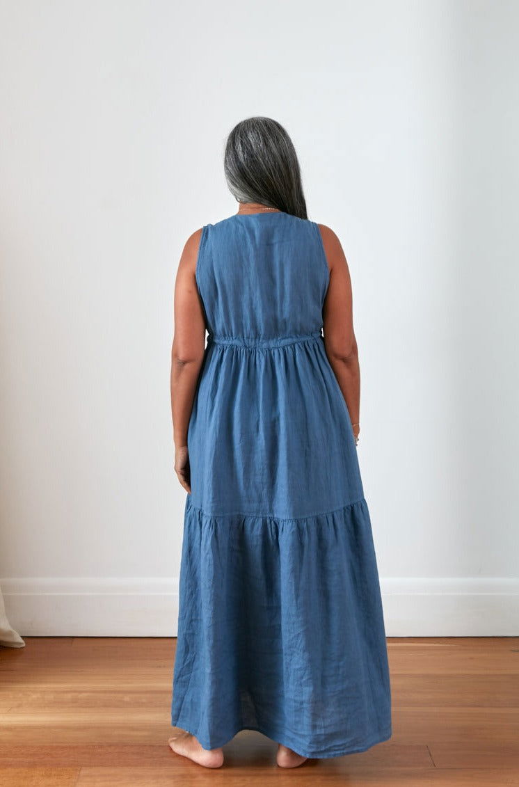 Montaigne Cascade Linen Maxi Dress Denim