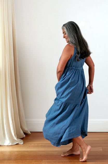 Montaigne Cascade Linen Maxi Dress Denim1