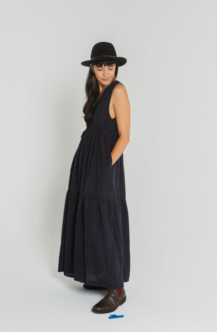 Montaigne Cascade Linen Maxi Dress Navy