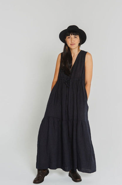 Montaigne Cascade Linen Maxi Dress Navy1