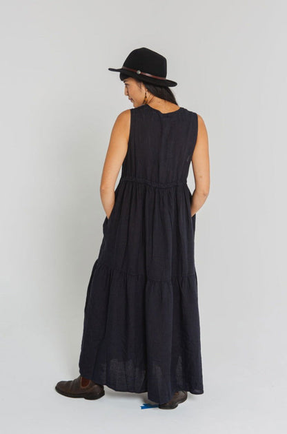 Montaigne Cascade Linen Maxi Dress Navy2