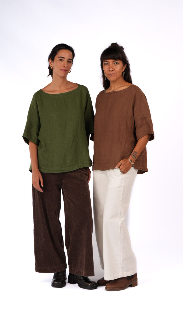Montaigne Celine Short Sleeved Linen Top Forest Green And Tobacco
