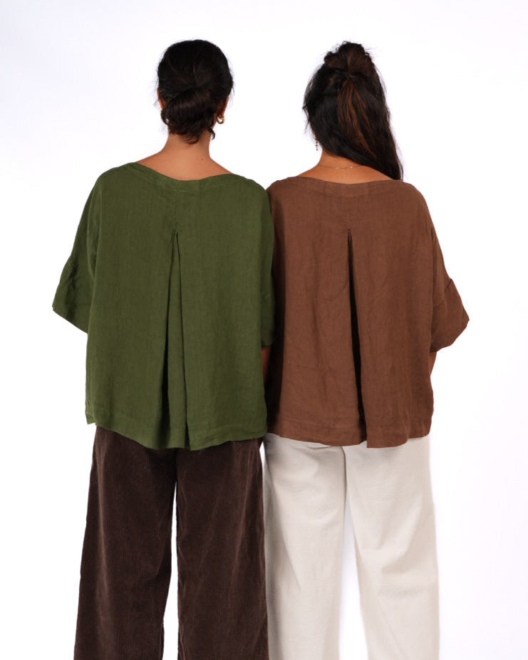 Montaigne Celine Short Sleeved Linen Top Forest Green And Tobacco1