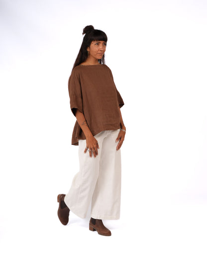 Montaigne Celine Short Sleeved Linen Top Tobacco