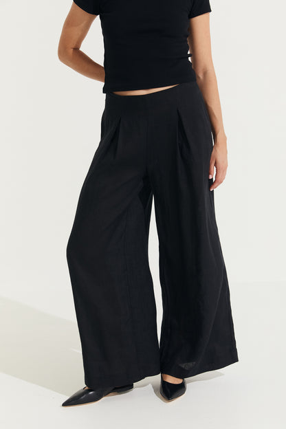 Montaigne Charlotte Pleated Wide Leg Linen Pants Black1
