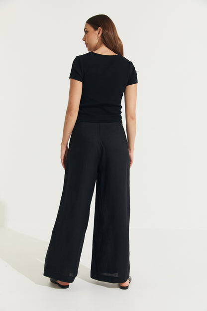 Montaigne Charlotte Pleated Wide Leg Linen Pants Black3
