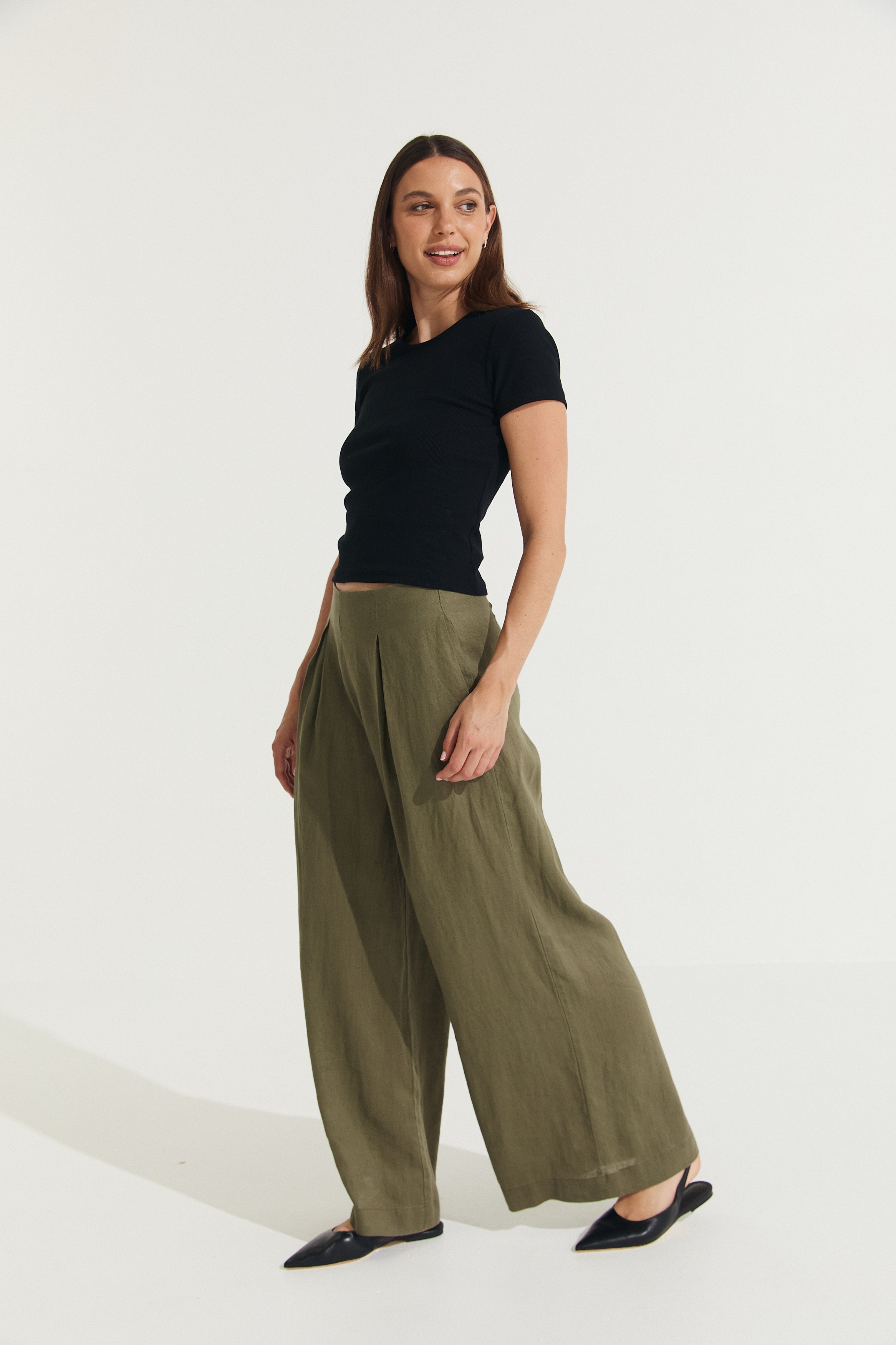 Montaigne Charlotte Pleated Wide Leg Linen Pants Khaki