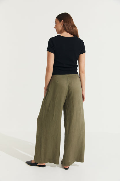 Montaigne Charlotte Pleated Wide Leg Linen Pants Khaki1