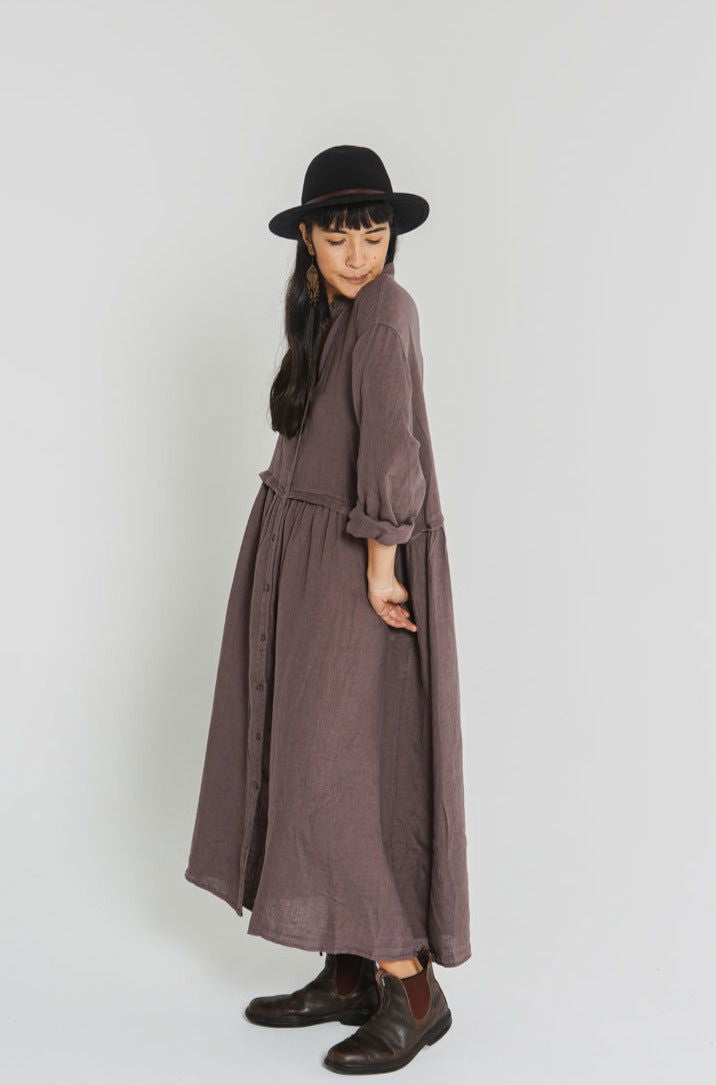 Montaigne Chaton Buttonfront Linen Coat Dress Rum Raisin 