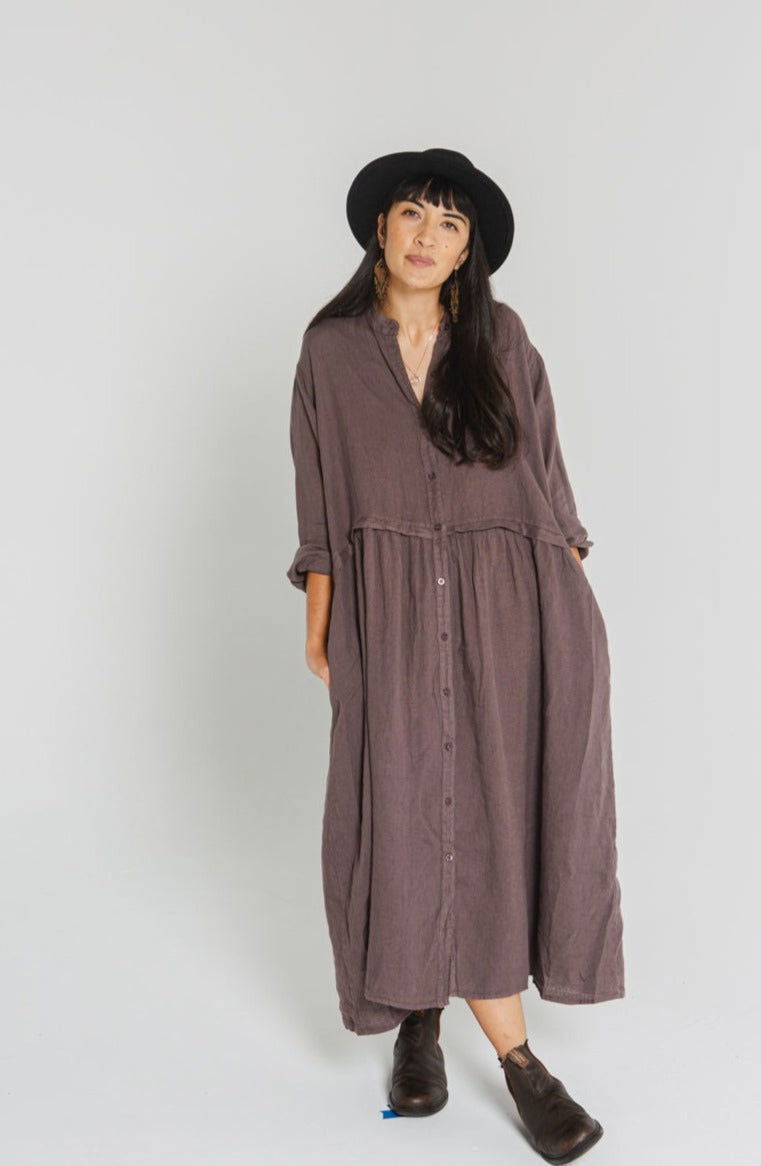 Montaigne Chaton Buttonfront Linen Coat Dress Rum Raisin1