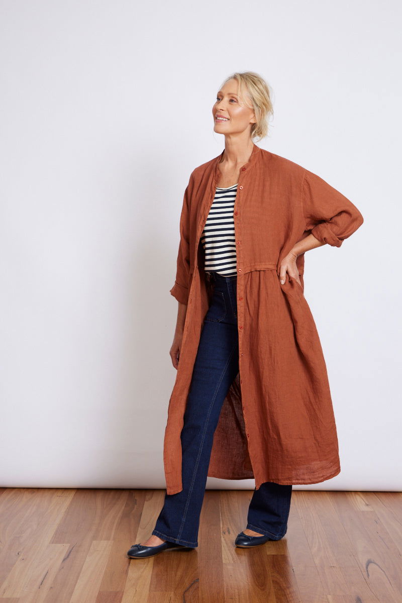 Montaigne Chaton Buttonfront Linen Coat Dress Rust