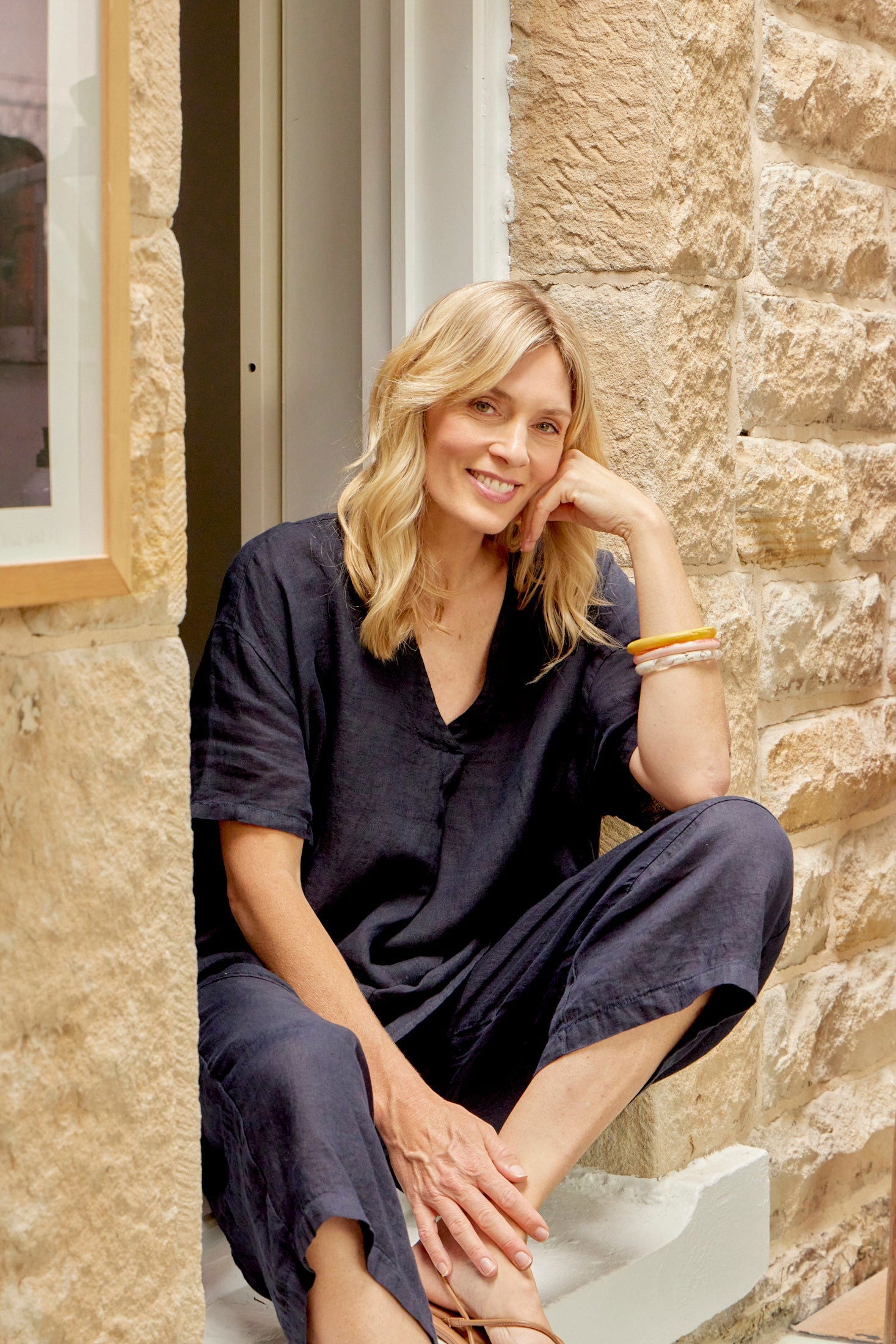 Montaigne Cherise Linen V Neck Top Navy