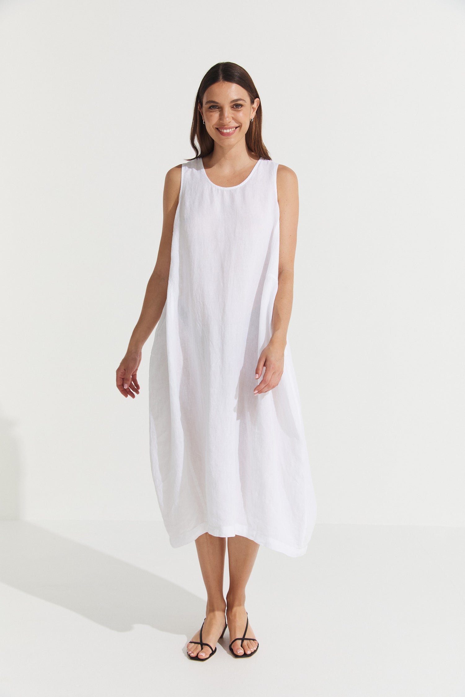 linen tulip dress WHITE LINEN W/ PINK TULIP DESIGN DRESS 2314