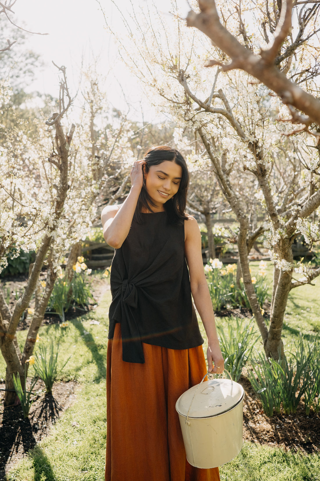 Montaigne Front Tie up Linen Top Black