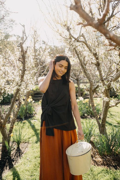 Montaigne Front Tie up Linen Top Black