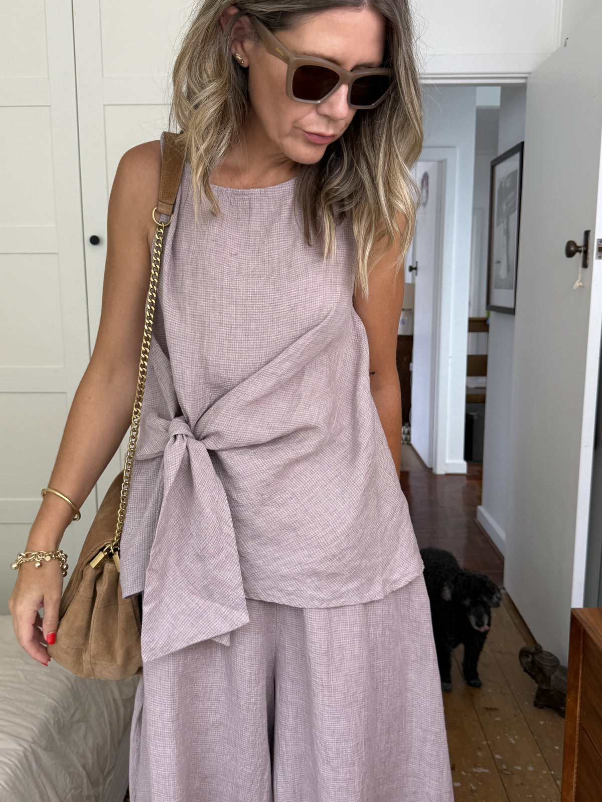 Montaigne Coco Front Tie Up Linen Top in Houndstooth Lilac