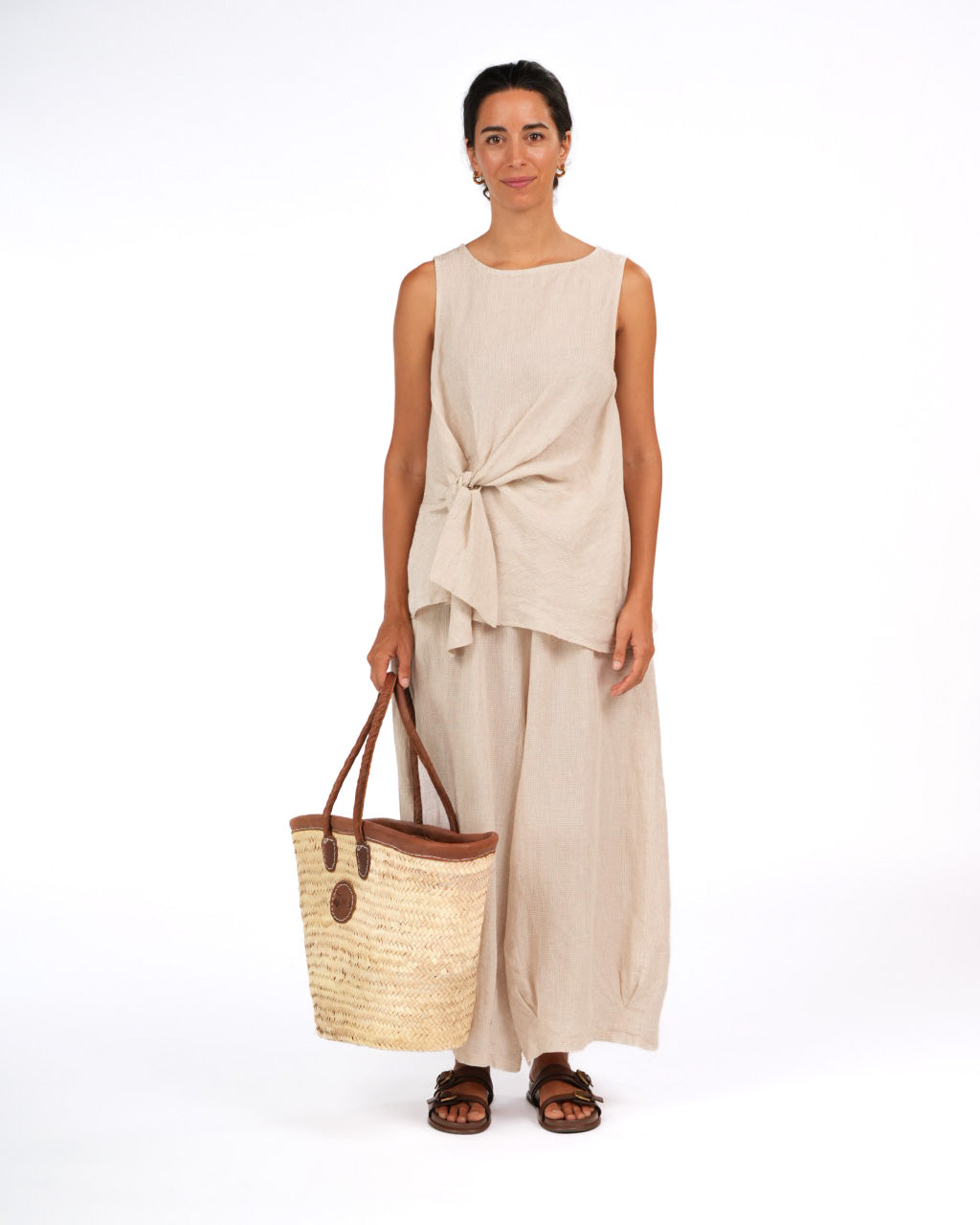 Montaigne Coco Front Tie Up Linen Top in Houndstooth Natural