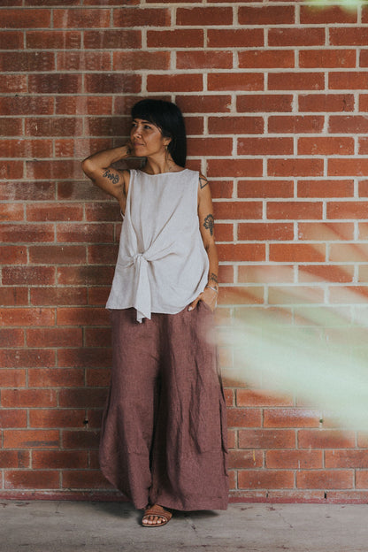 Montaigne Coco Front Tie Up Linen Top in Houndstooth Natural