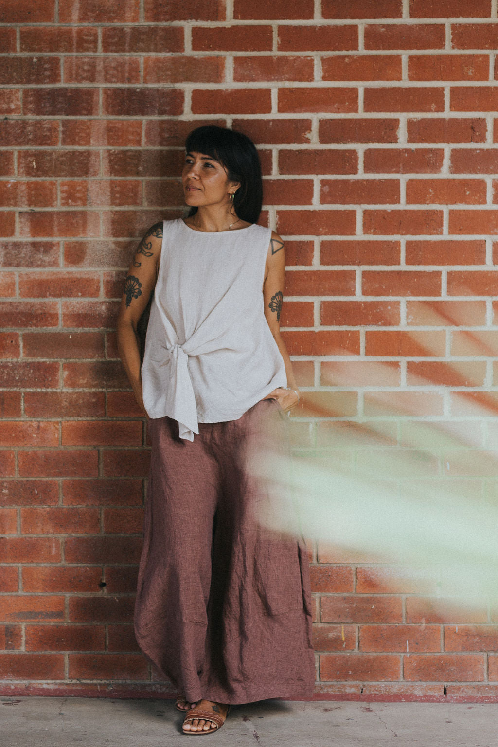 Montaigne Coco Front Tie Up Linen Top in Houndstooth Natural