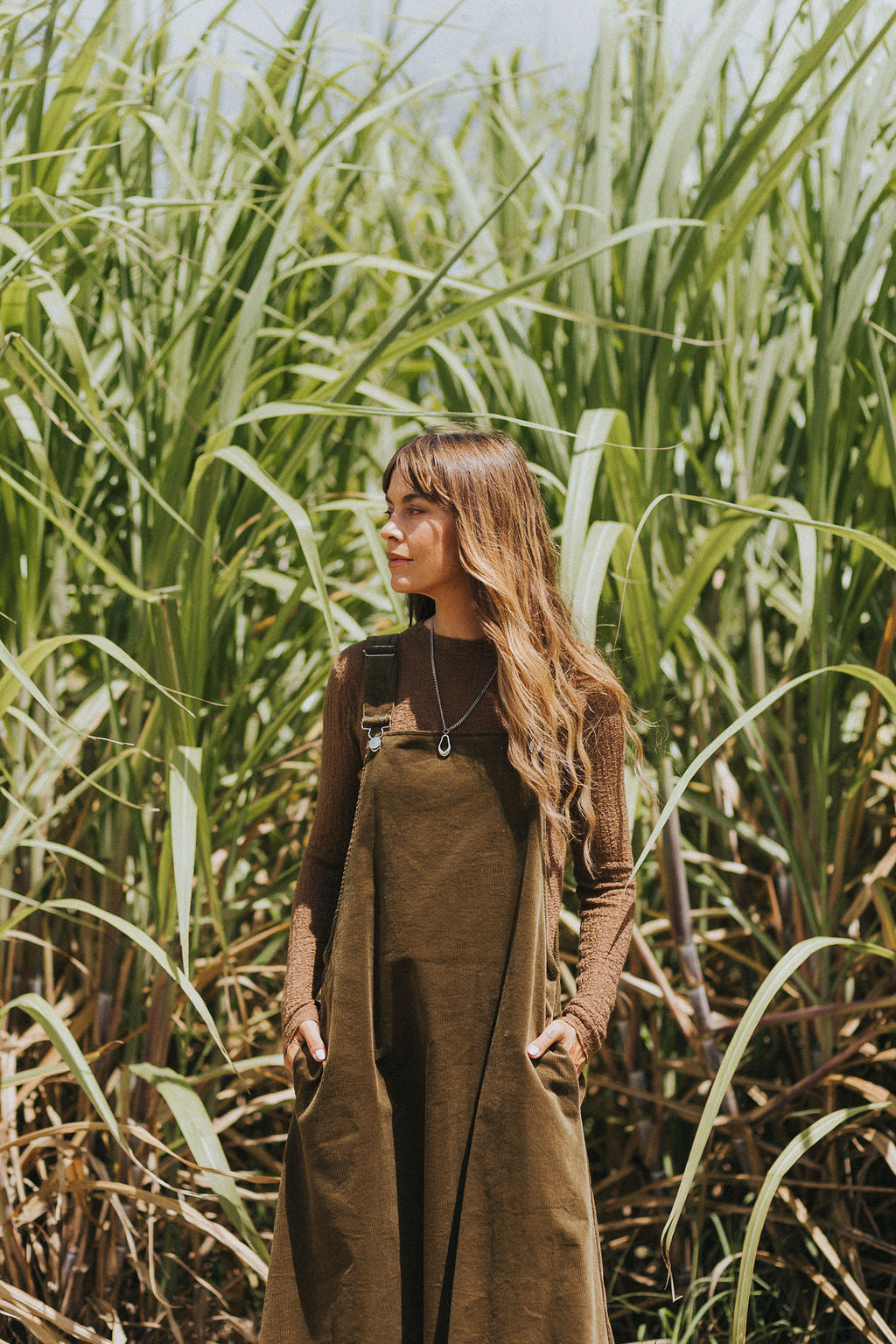 Montaigne Corduroy Cotton Midi Overall Style Dress Olive