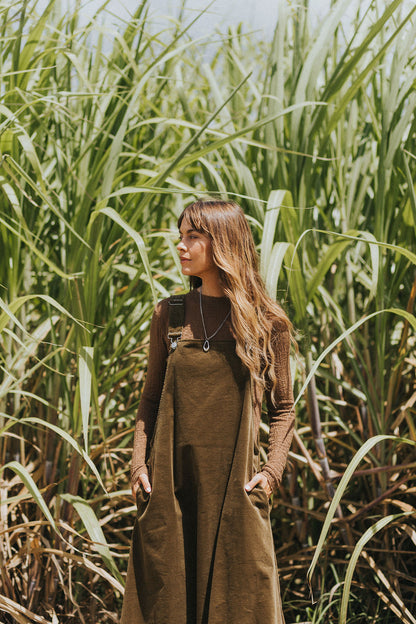 Montaigne Corduroy Cotton Midi Overall Style Dress Olive