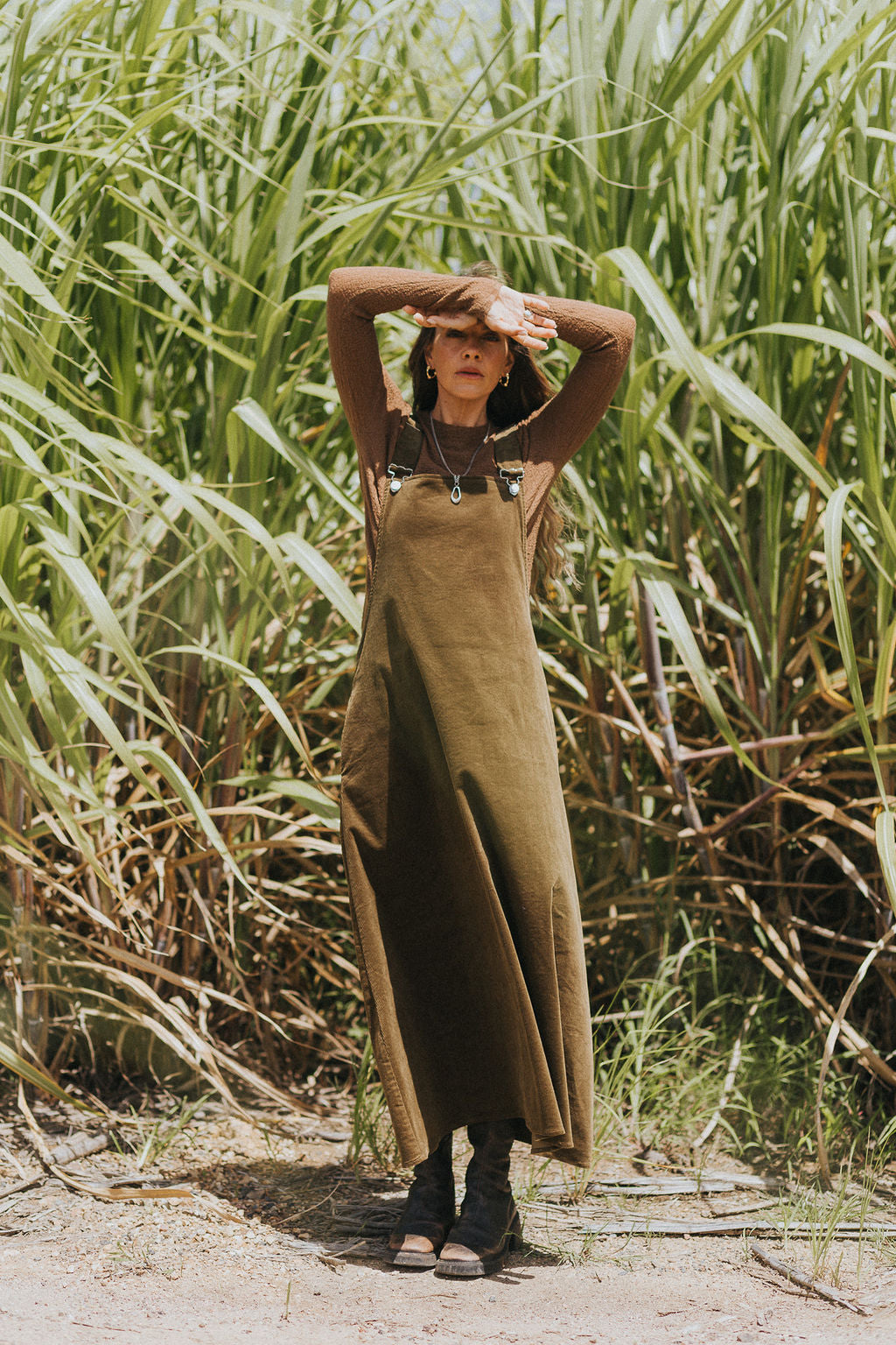 Montaigne Corduroy Cotton Midi Overall Style Dress Olive3