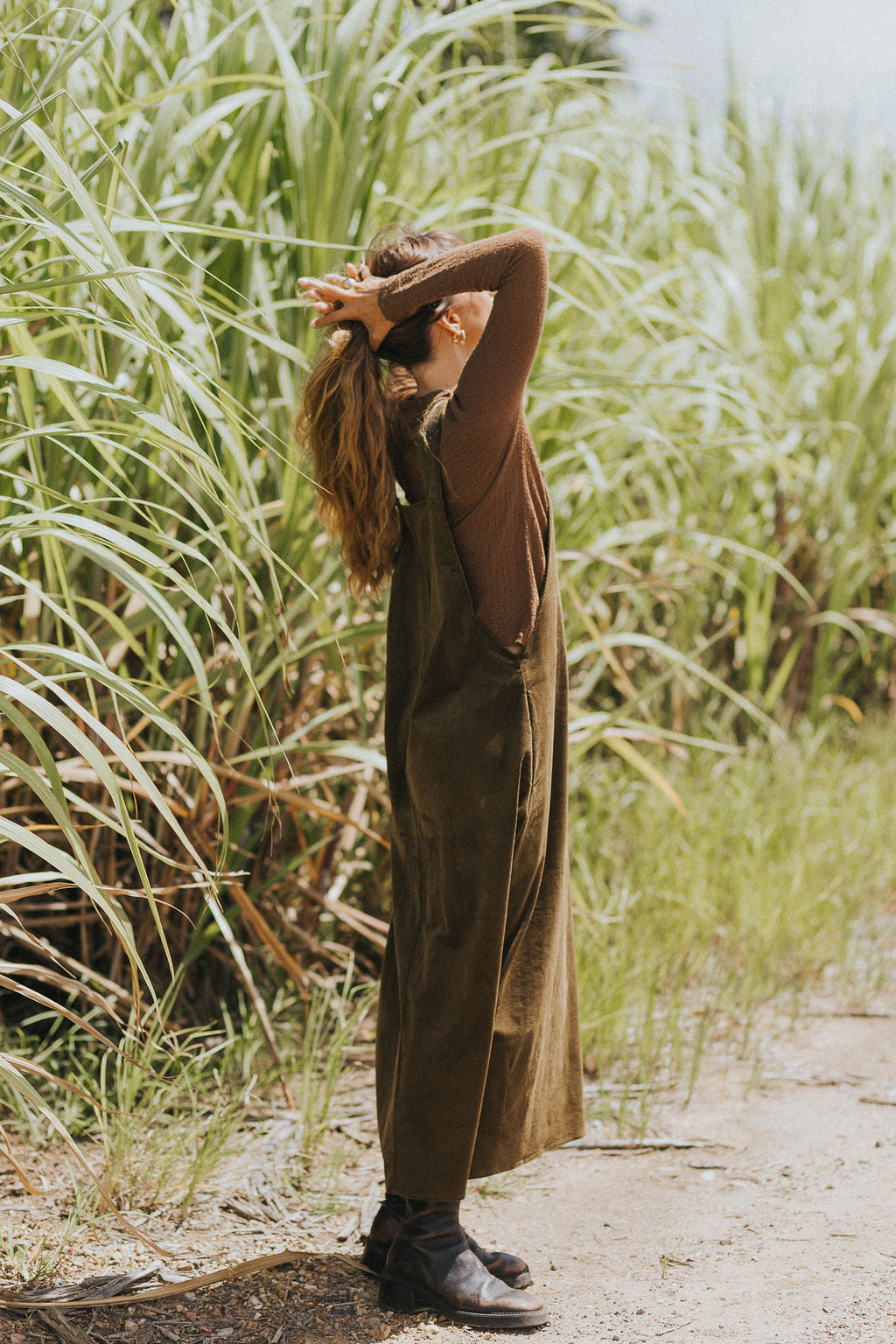 Montaigne Corduroy Cotton Midi Overall Style Dress Olive4