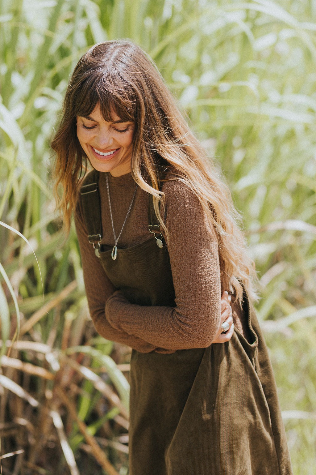 Montaigne Corduroy Cotton Midi Overall Style Dress Olive5