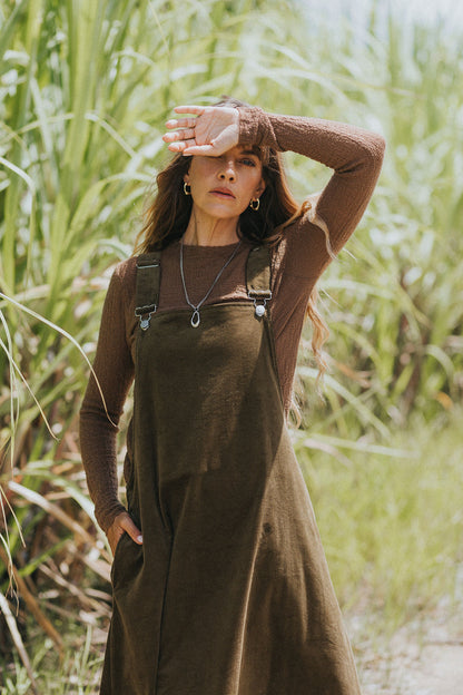Montaigne Corduroy Cotton Midi Overall Style Dress Olive8