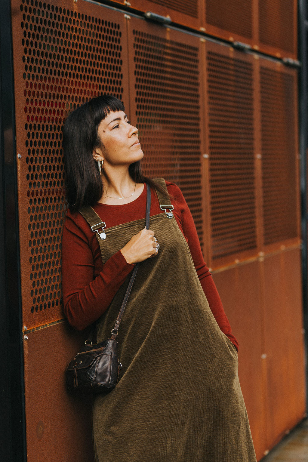 corduroy overall midi dress Corduroy Cotton Midi Overall Style Dress – Montaigne Paris