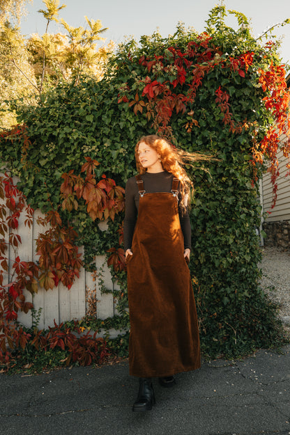 Montaigne Corduroy Cotton Midi Overall Style Dress Tobacco