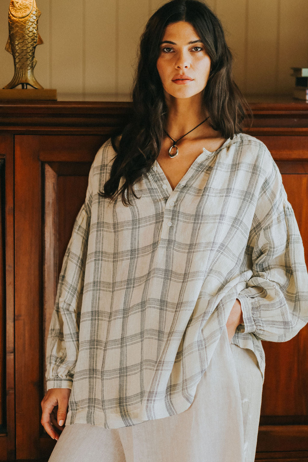 Montaigne Dante Cream Check Linen Top