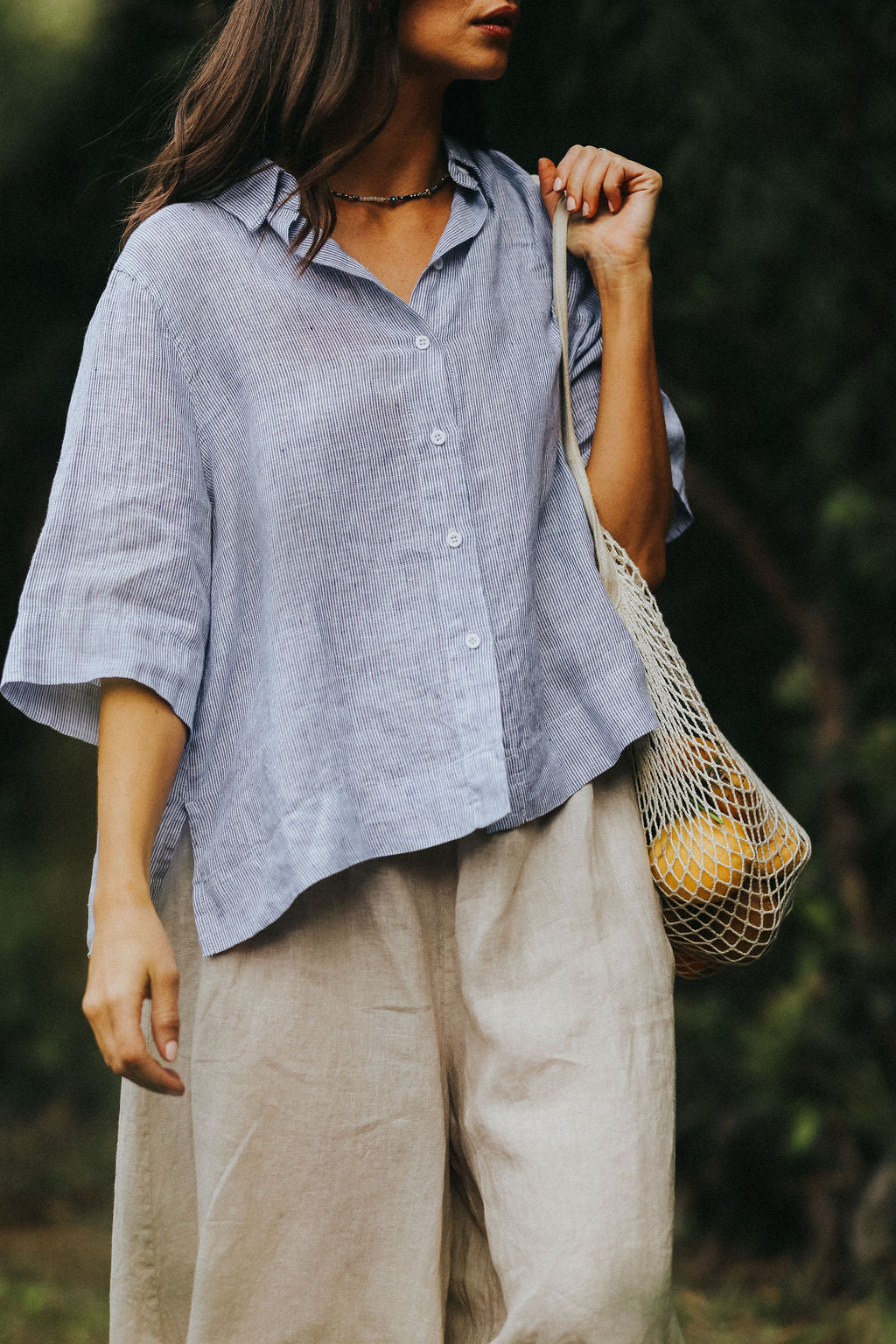 Montaigne Dion Fine Blue Stripe Linen Blouse