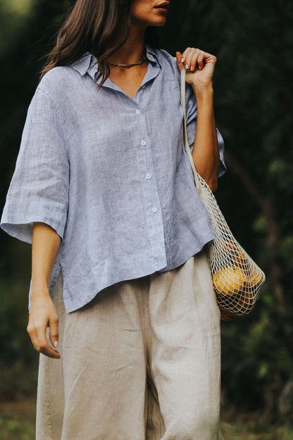 Montaigne Dion Fine Blue Stripe Linen Blouse