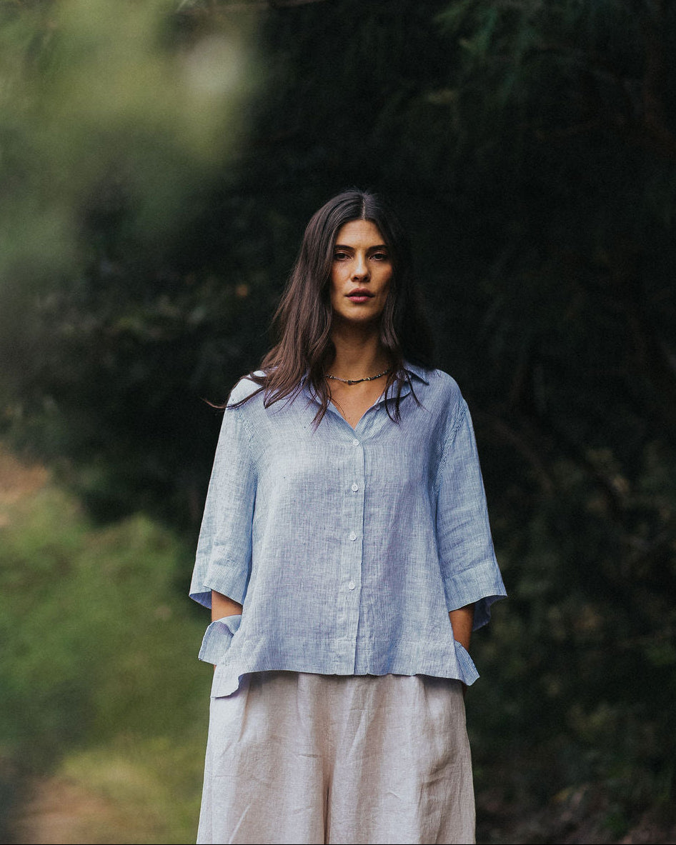 Montaigne Dion Fine Blue Stripe Linen Blouse1