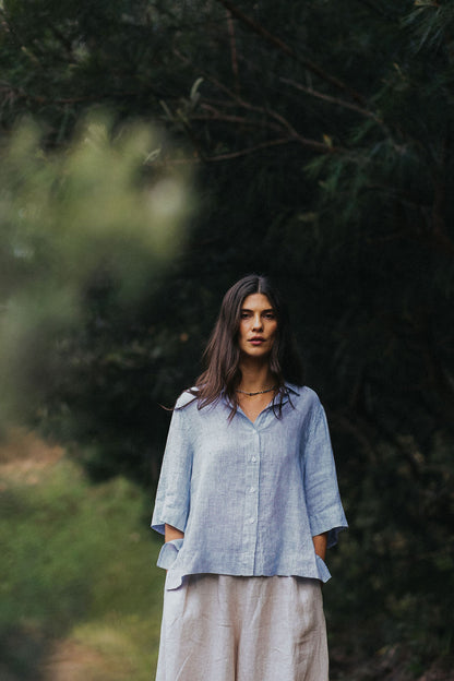 Montaigne Dion Fine Blue Stripe Linen Blouse1