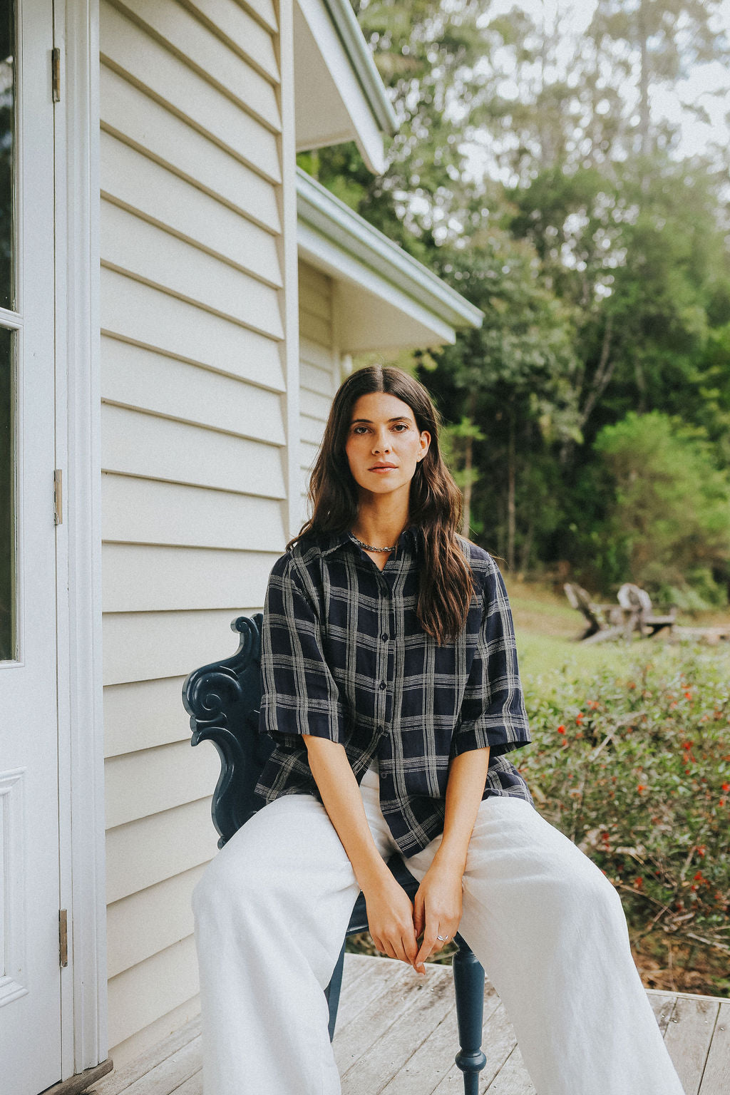 Montaigne Dion Linen Blouse Dark Navy Check