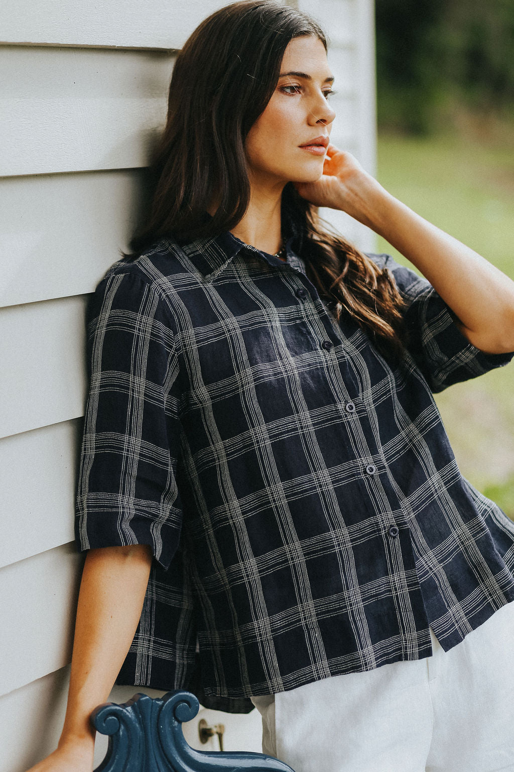 Montaigne Dion Linen Blouse Dark Navy Check1